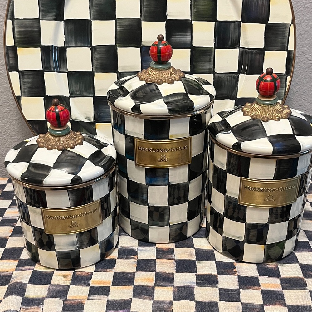 MacKenzie-Childs Black and White Checkered Canisters with Red Accents